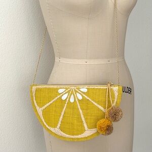J Crew KAYU Limon Crossbody/Clutch Bag NWOT Yellow Raffia, Mother of Pearl Shell